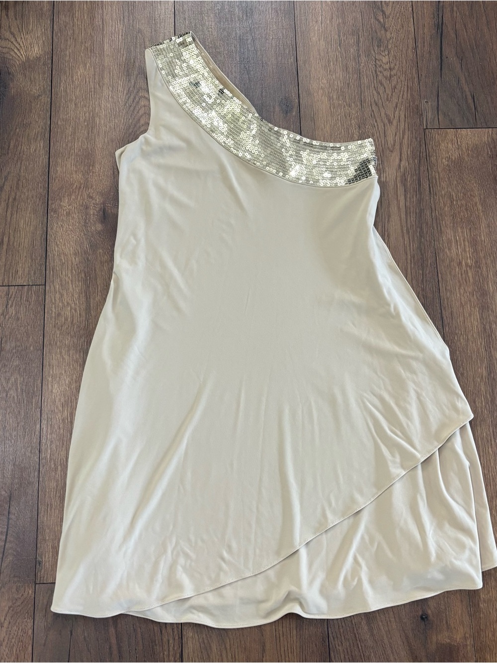 Calvin Klein One Shoulder Sequin Detail Mini Dress Champagne Taupe, Size 4